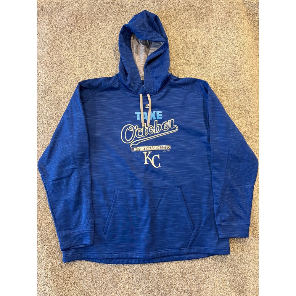 Majestic Hoodie Mens 2XL Blue KC Royals Take October 2015 Postseason Therma Base